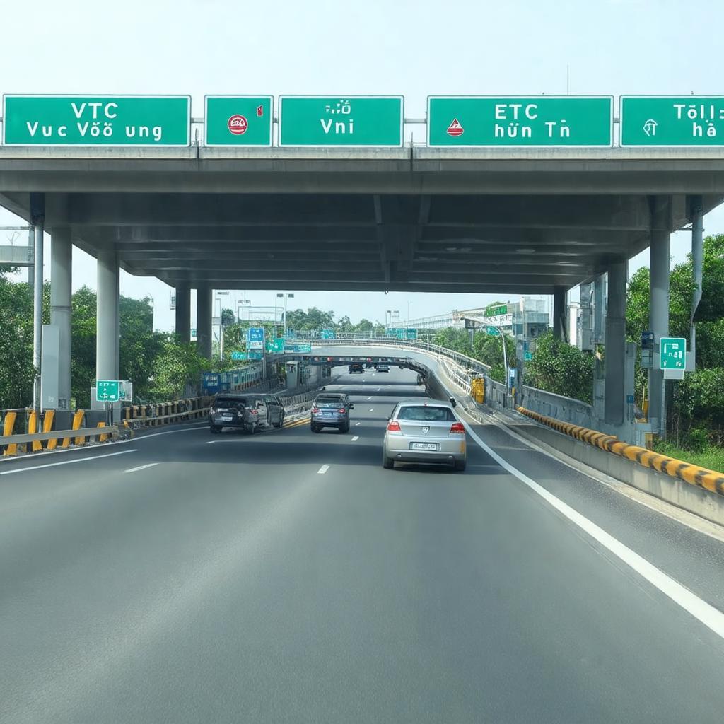 Các làn thu phí tự động ETC và làn thủ công tại Trạm thu phí Vực Vòng, Hà Nam.
